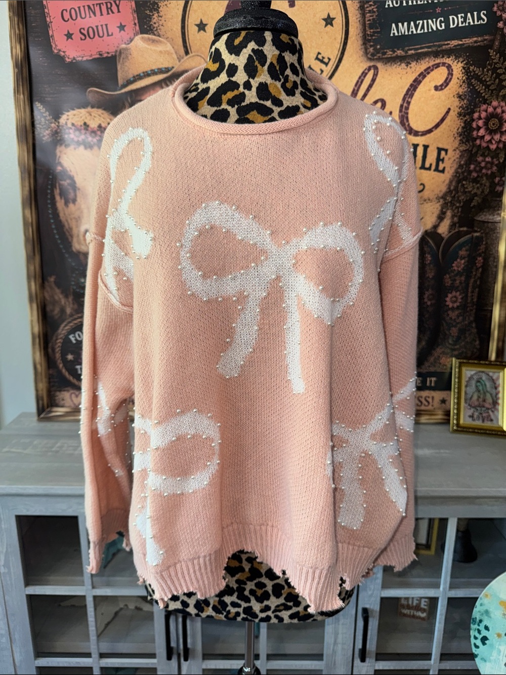PEACH LOVE Women’s Pearl-Embellished Bow Sweater - Blush Pink Sz M